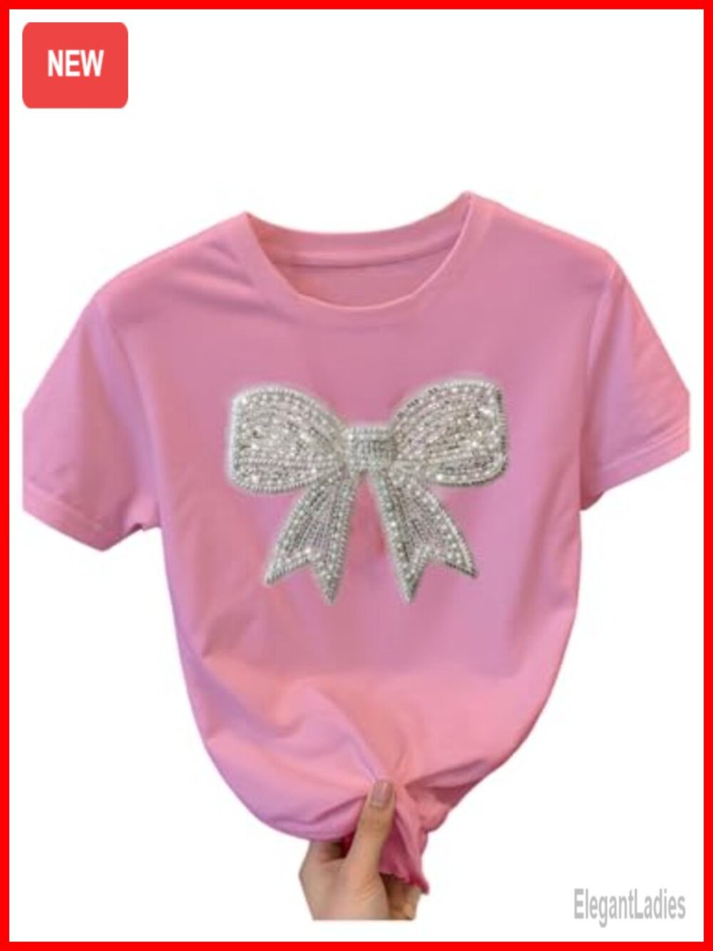 Rhinestone Sequin Bowknot Graphic Tee Short Sleeve Crewneck Top